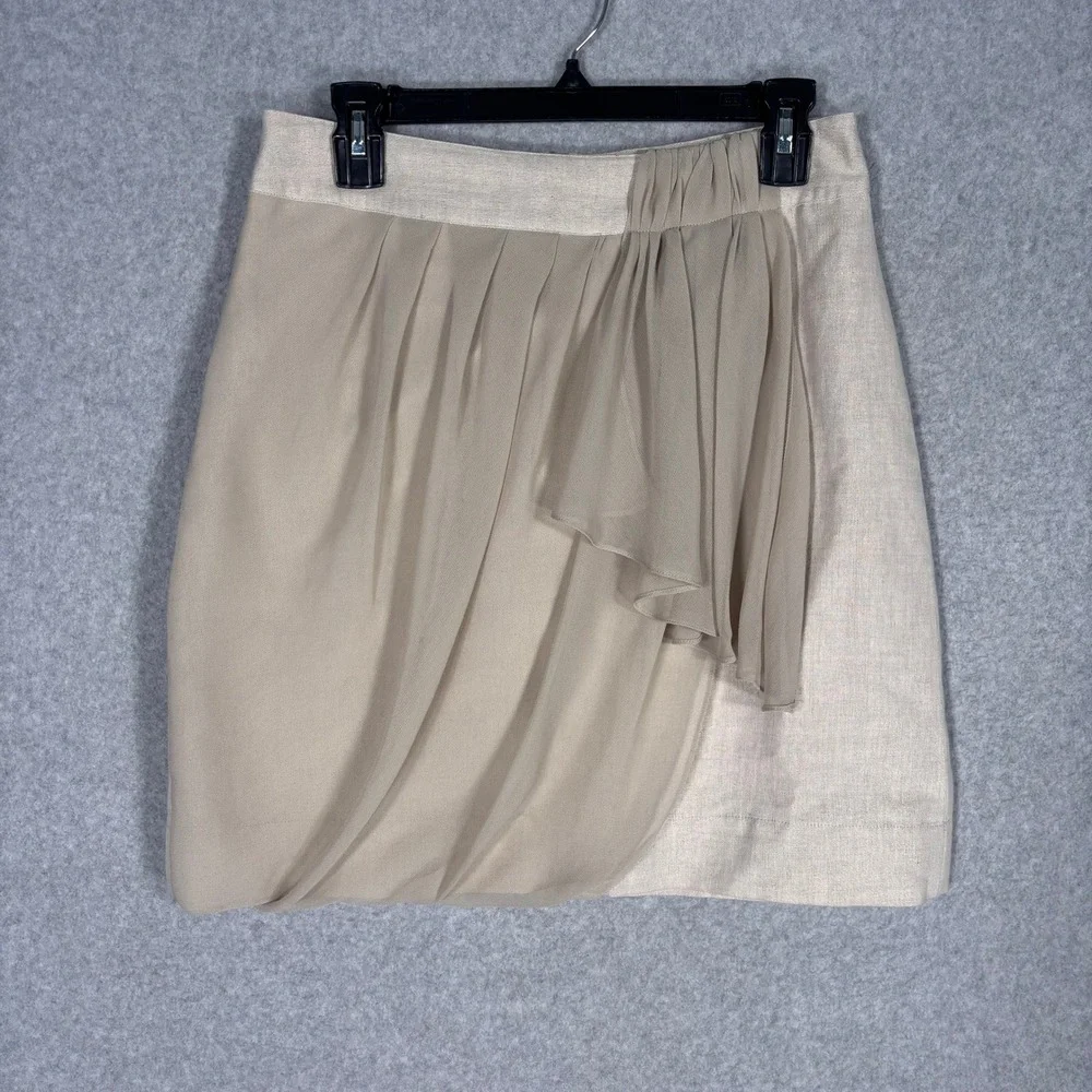 Anthropologie Yoana Baraschi Asymmetric Skirt 6 Tan Linen Wrap Drape Shimmer